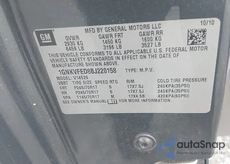 2011 Chevrolet Traverse Ls из США, поврежденный, VIN 1GNKVFED8BJ220158